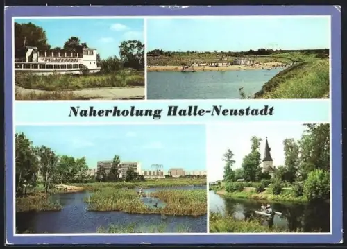 AK Halle-Neustadt, Angersdorfer Teiche, Gaststätte Piratennest, Freibad, Blick auf den Südpark