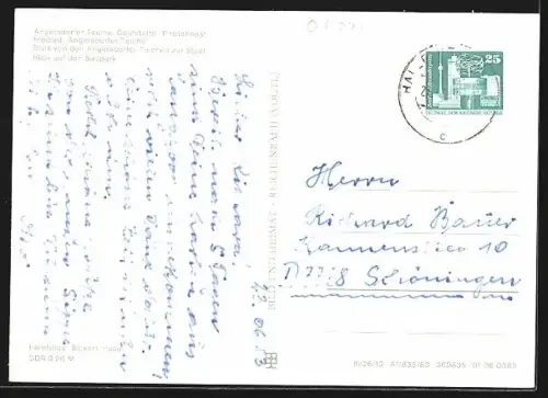 AK Halle-Neustadt, Angersdorfer Teiche, Gaststätte Piratennest, Freibad, Blick auf den Südpark