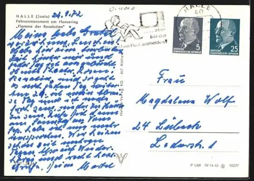 AK Halle /Saale, Fahnenmonument am Hansering Flamme der Revolution