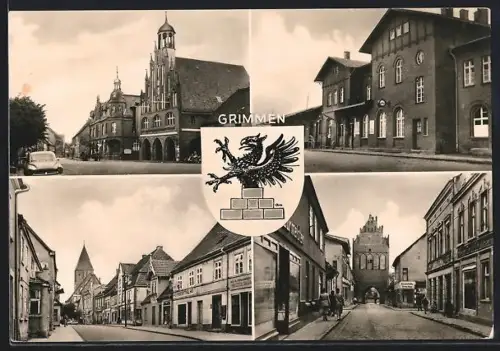 AK Grimmen, Bahnhof, Ortsparie mit Gaststätte und Tor, Kirche, HO-Sportartikelgeschäft