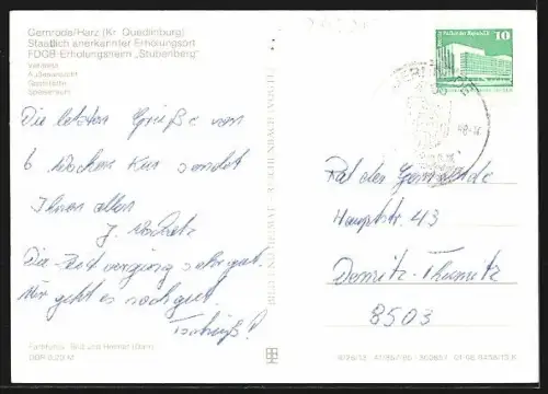 AK Quedlinburg, FDGB-Erholungsheim Stubenberg, Veranda, Aussenansicht, Gaststätte, Speiseraum