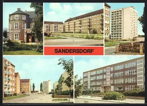 AK Sandersdorf Kr. Bitterfeld, August-Bebel-Schule, am Ring der Chemiearbeiter, Hochhaus, POS Artur Becker