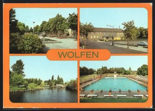 AK Wolfen, Leipziger Strasse, Schwimmbad, Bahnhof