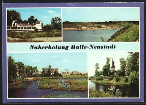 AK Halle-Neustadt, Angersdorfer Teiche, Gaststätte Piratennest, Freibad, Blick auf den Südpark
