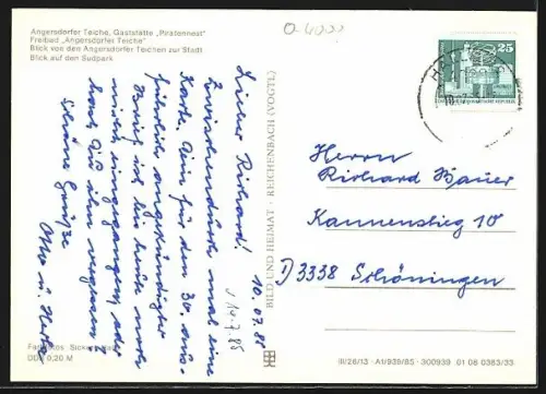 AK Halle-Neustadt, Angersdorfer Teiche, Gaststätte Piratennest, Freibad, Blick auf den Südpark