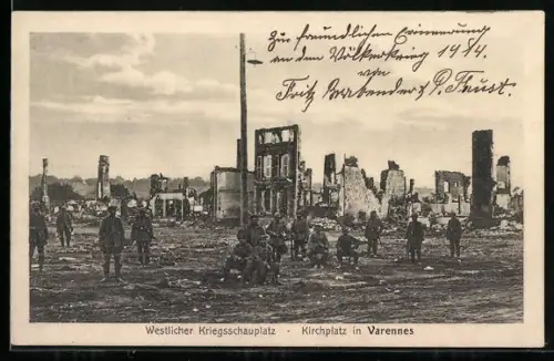 AK Varennes, Place de l`église sur le front occidental avec soldats et ruines