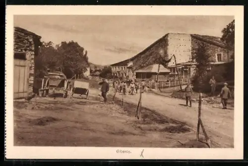 AK Gibercy, Scène de rue animée avec villageois et bâtiments rustiques