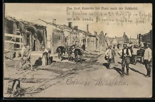 AK Rouvres /Étain, Vue du village après la bataille avec des ruines et des habitants dans la rue