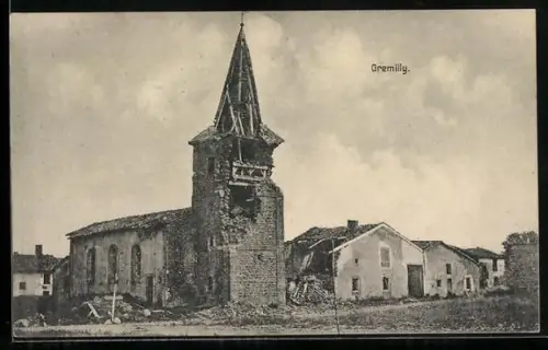 AK Gremilly, Église en ruines, 1915