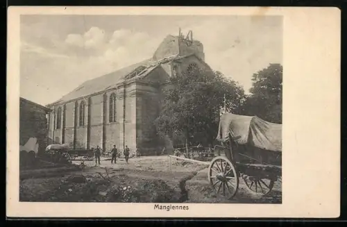 AK Mangiennes /Meuse, L`église avec charrette et ouvriers au premier plan