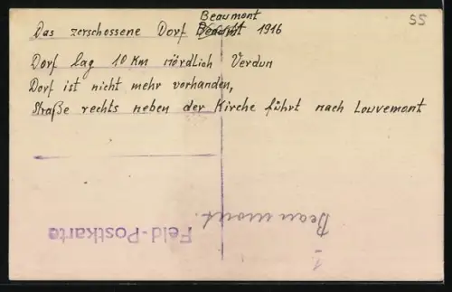 AK Beaumont, Village détruit pendant la guerre avec église en ruines, 1916