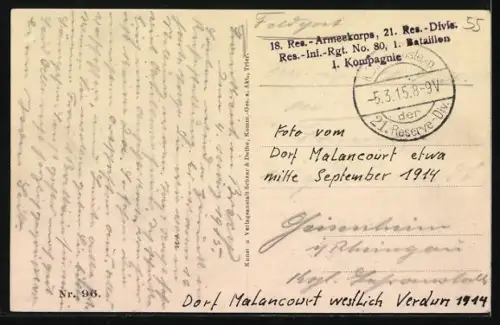 AK Malancourt, Ruines du village après les destructions de 1914