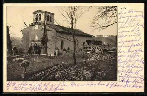 AK Véry, Église avec charrette et travaux agricoles
