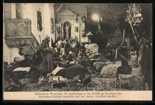 AK Varvinay, Abri pour Francais sans-abri dans l`église protégée par des soldats allemands