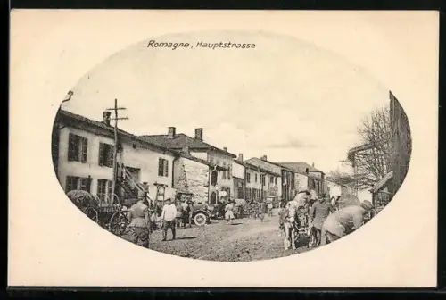 AK Romagne, Hauptstrasse animée avec charrettes et passants