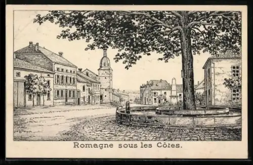 Künstler-AK Romagne sous les Côtes, Vue de la place avec fontaine et bâtiments historiques