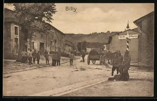 AK Billy, Scène de rue avec charrette et habitants devant un croisement