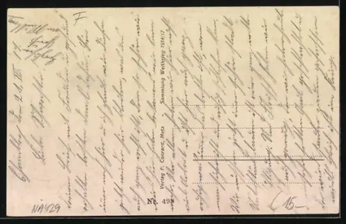 AK St. Mihiel, Rue avec bâtiments endommagés et enseignes d`hôtel