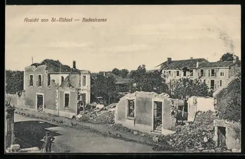 AK St.-Mihiel, Vue de la Badestrasse avec bâtiments détruits