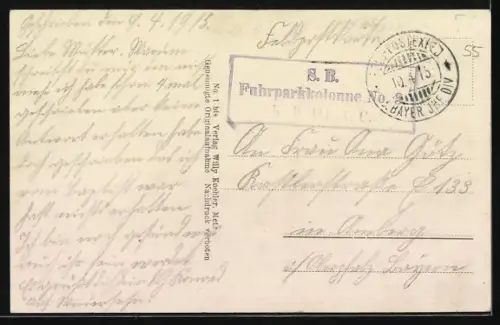 AK St. Mihiel, Soldats à cheval devant le monument dans une rue en ruines