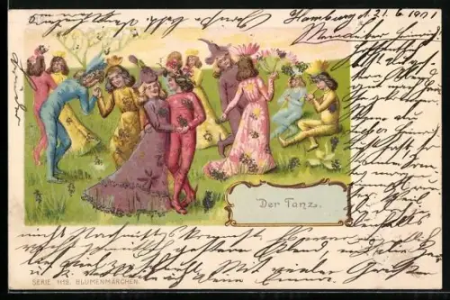 Künstler-AK Tanzende und als Blumen verkleidete Paare auf einem Feld