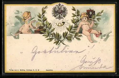 Künstler-AK Posthorn und Wappen im Lorbeerkranz, Engel am Telefon