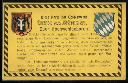 AK München, Werbekarte für Rabatte durch Trifoliumsmarken mit Bayerischem Wappen