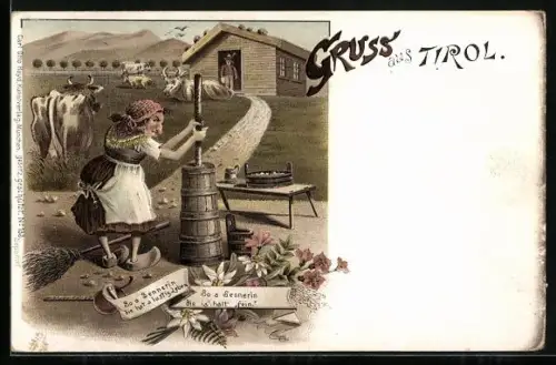 Lithographie Tirol, Sennerin beim Buttern