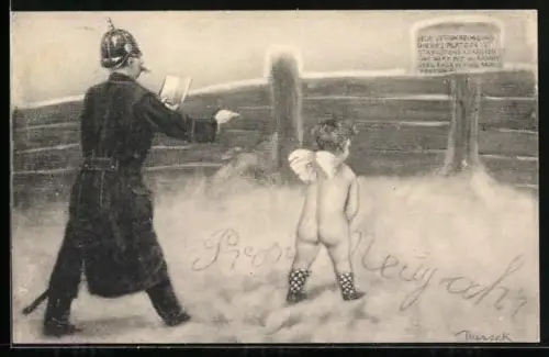 Künstler-AK Eduard Adrian Dussek: Engel pinkelt Prosit Neujahr in den Schnee, Polizist gibt Strafzettel