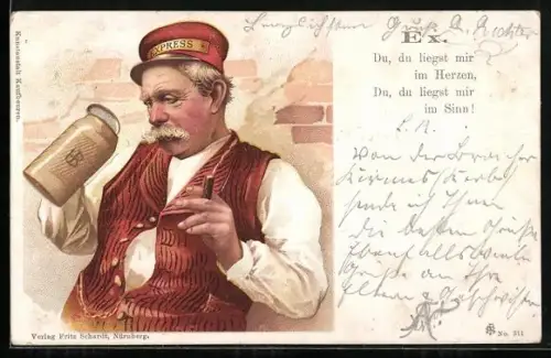 Künstler-AK Zigarre rauchender und aus Deckelschoppen trinkender Page, Du, du liegst mir im Herzen [...]