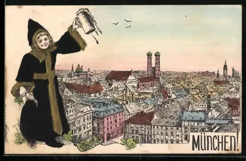 Präge-AK München, Münchner Kindl mit Bier und Rübe, Blick über die Dächer der Stadt