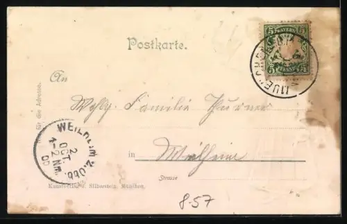 Präge-AK München, Münchner Kindl mit Bier und Rübe, Blick über die Dächer der Stadt