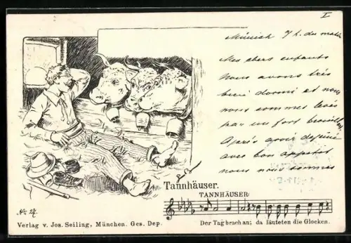 Künstler-AK Tannhäuser, Mann erwacht im Kuhstall, Der Tag brach an da läuteten die Glocken