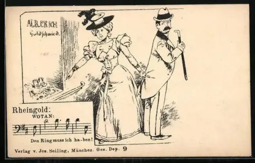 AK Nibelungen, Eine Frau steht vor einem Schaufenster und zieht ihren Mann am Frack, Den Ring muss ich ha-ben!