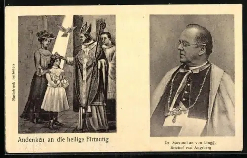 AK Augsburg, Bischof Dr. Maximilian von Lingg im Porträt und bei einer Firmung