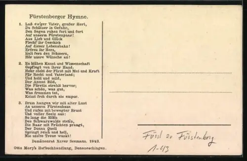 AK Fürstenberger Hymne zur Ehrung des Fürsten zu Fürstenberg