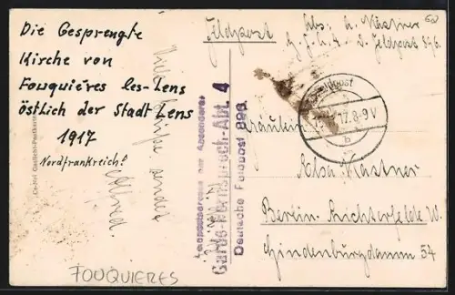 Foto-AK Fouquières-lès-Lens, Église détruite après bombardement, 1917