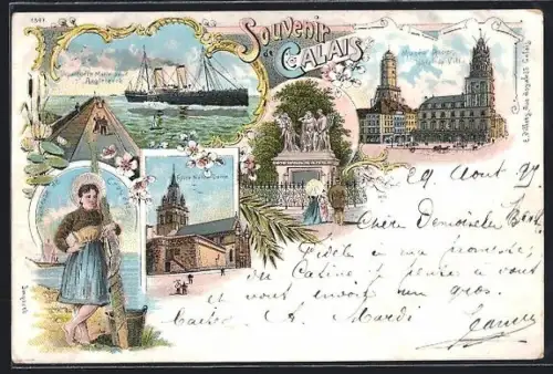 Lithographie Calais, Départ du vapeur pour l`Angleterre, Pécheuse de Crevette, Eglise Notre-Dame, Musée Ancien