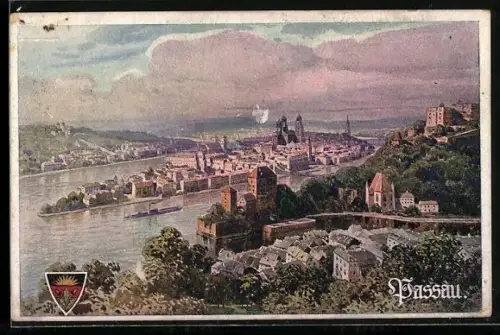 AK Passau, Stadtansicht mit Donau und Inn
