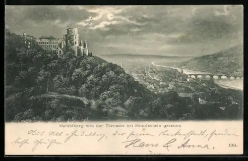AK Heidelberg, Schloss und Stadt bei Mondschein von der Terrasse gesehen