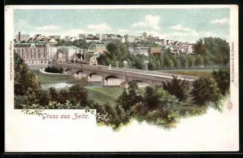 AK Zeitz, Stadtansicht mit Brücke über die Weisse Elster