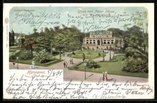 Lithographie Hannover, Kriegerdenkmal, Neues Haus, Inh. Direktor Meyer