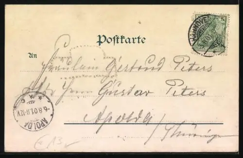 Lithographie Hannover, Kriegerdenkmal, Neues Haus, Inh. Direktor Meyer