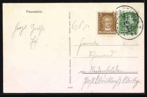 AK Traunstein, Eisenbahnviadukt, Stadtansicht, Berge