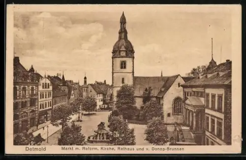 AK Detmold, Markt mit Reform. Kirche, Rathaus und v. Donop-Brunnen
