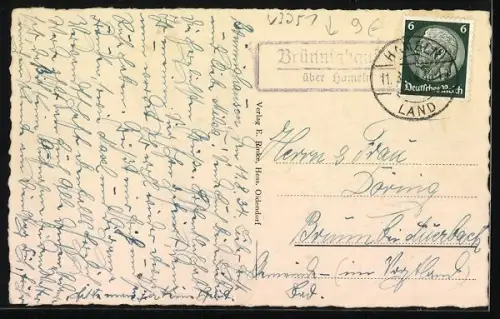 AK Brünnighausen am Nesselberge, Ortsansicht mit umliegenden Feldern gegen den Wald