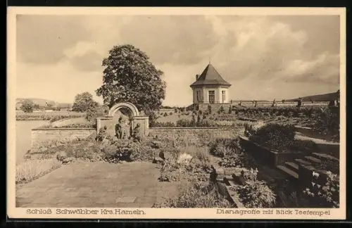 AK Schwöbber /Hameln, Schloss Schwöbber, Dianagrotte mit Blick auf den Teetempel