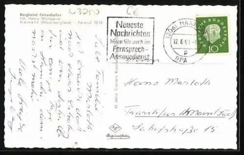 AK Hameln /Weserbergland, Berghotel Felsenkeller, Inh. Henry Wömpener