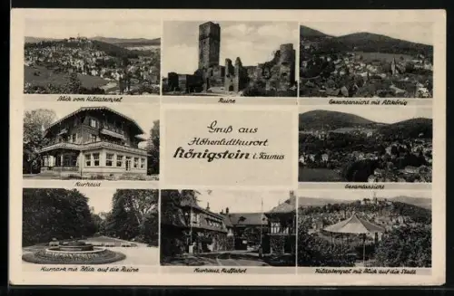 AK Königstein i. Taunus, Gesamtansicht mit Altkönig, Kurhaus, Kurpark, Hildatempel