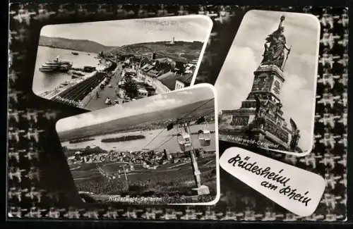 AK Rüdesheim am Rhein, Niederwald-Seilbahn, Niederwald-Denkmal, Teilansicht des Ortes am Rheinufer